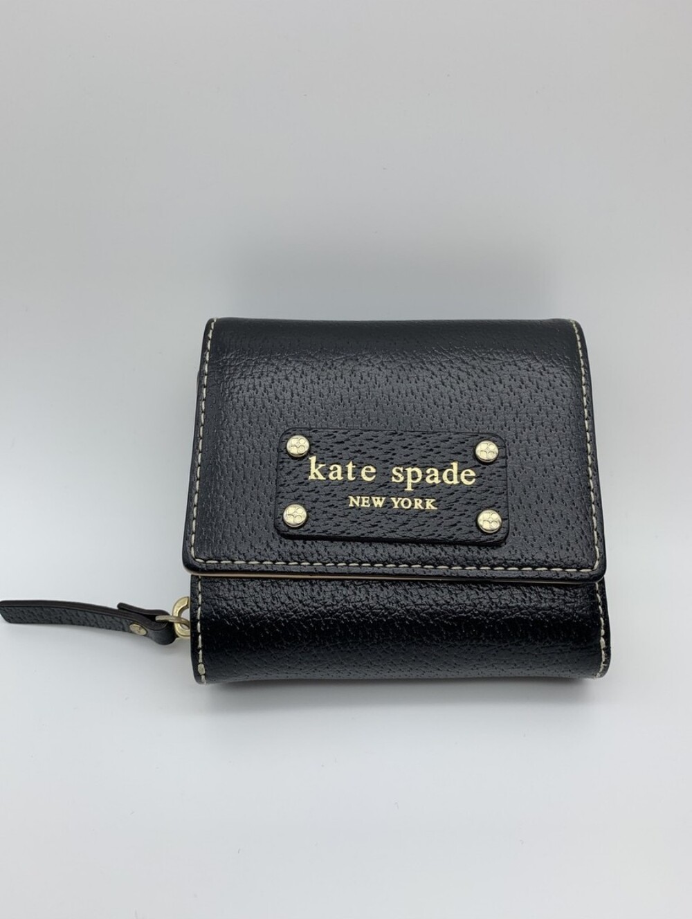kate spade black leather small zip & snap wallet with gold logo